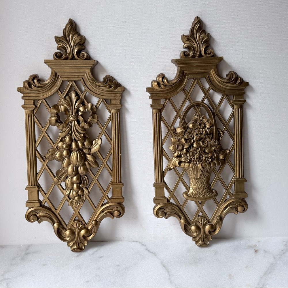 Elegant Gold Wall Decor Set vintage 1971 gold lattice wall plaques - Picture 3 of 11
